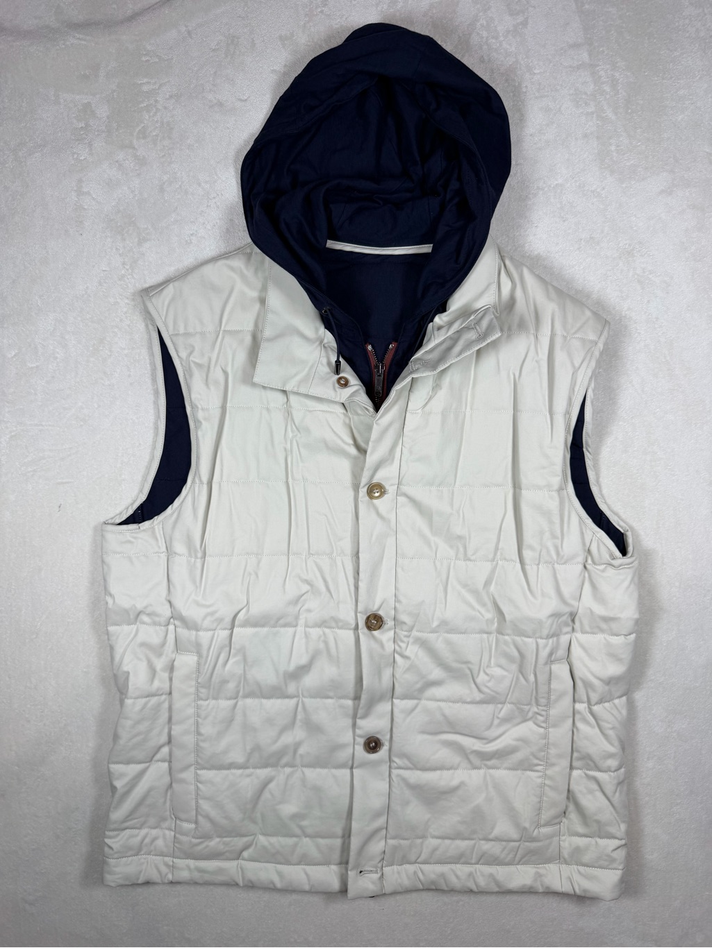 $3,000 Luciano Barbera Large White Quilted Vest Lined With Navy Hood Recent